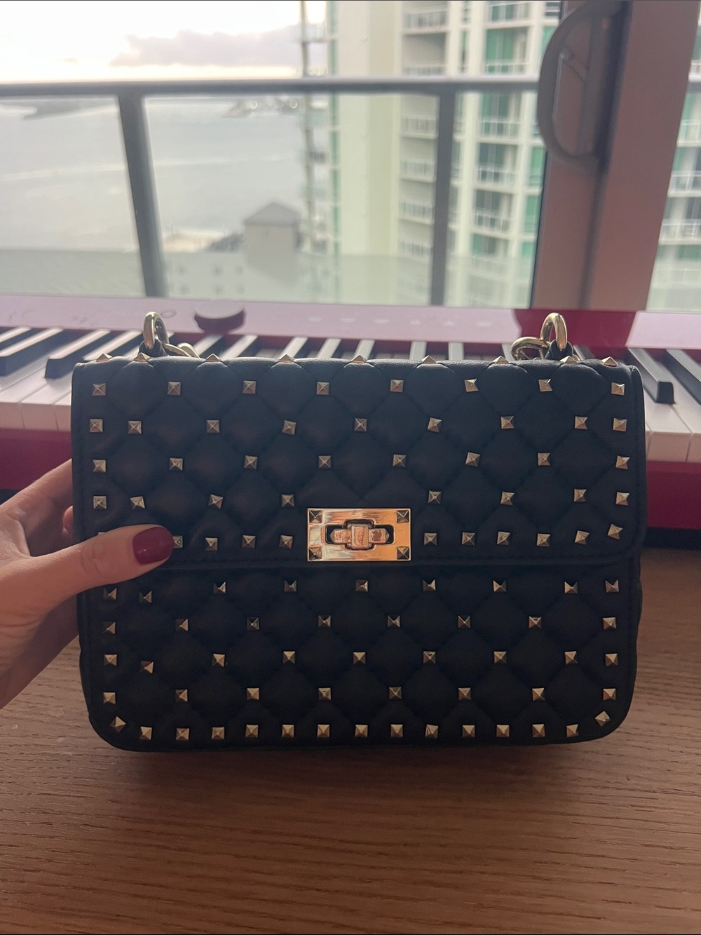 Quilted Stud-Accent Shoulder Bag in Black